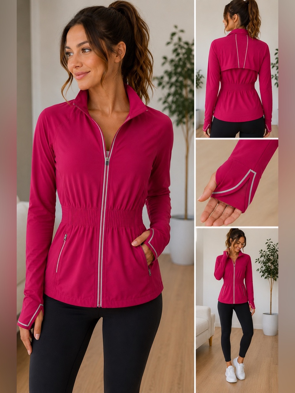 Athleta Run Free Jacket Pink Full Zip Reflective Running Jacket M